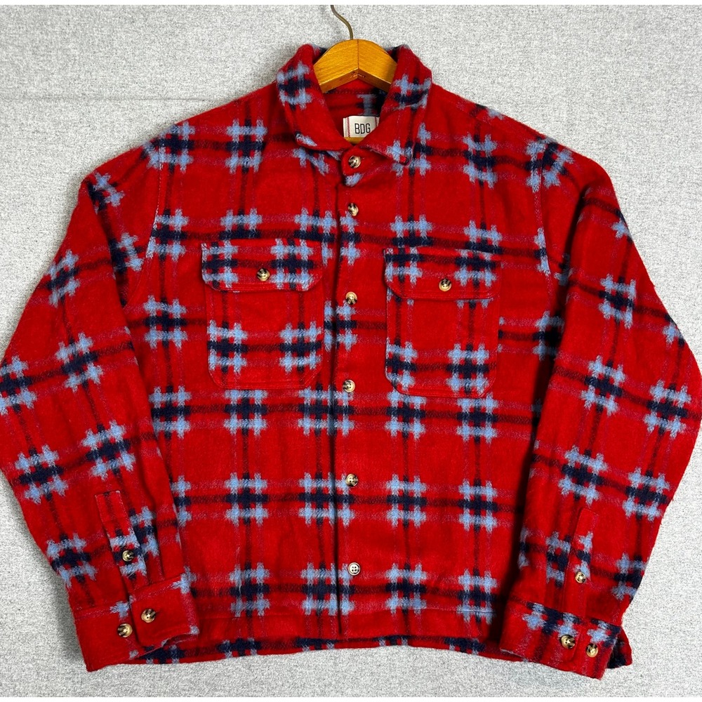 BDG Shirt Jacket Mens L Red Plaid Faux Mohair Wool Blend Overshirt Boxy